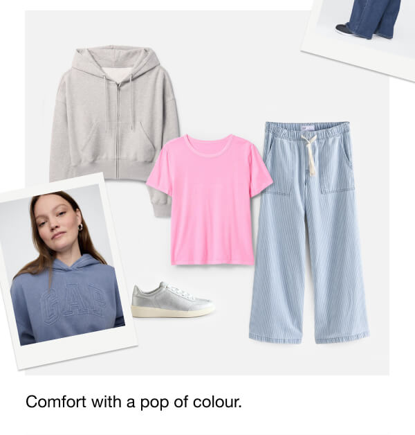 Gap Women outfitting styles: Pint tee, grey hoodie and baggy jeans