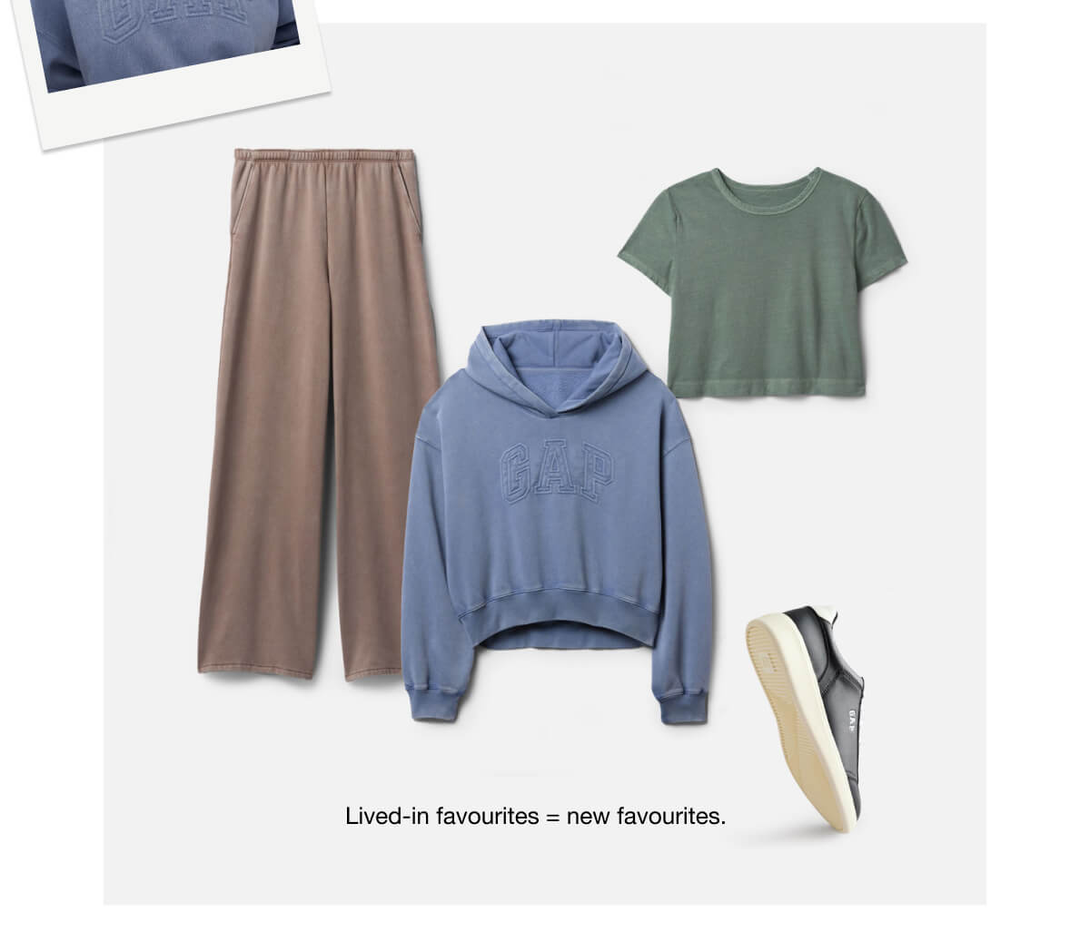 Gap Women outfitting styles: Blue logo hoodie, brown wide leg jogger and crop tee