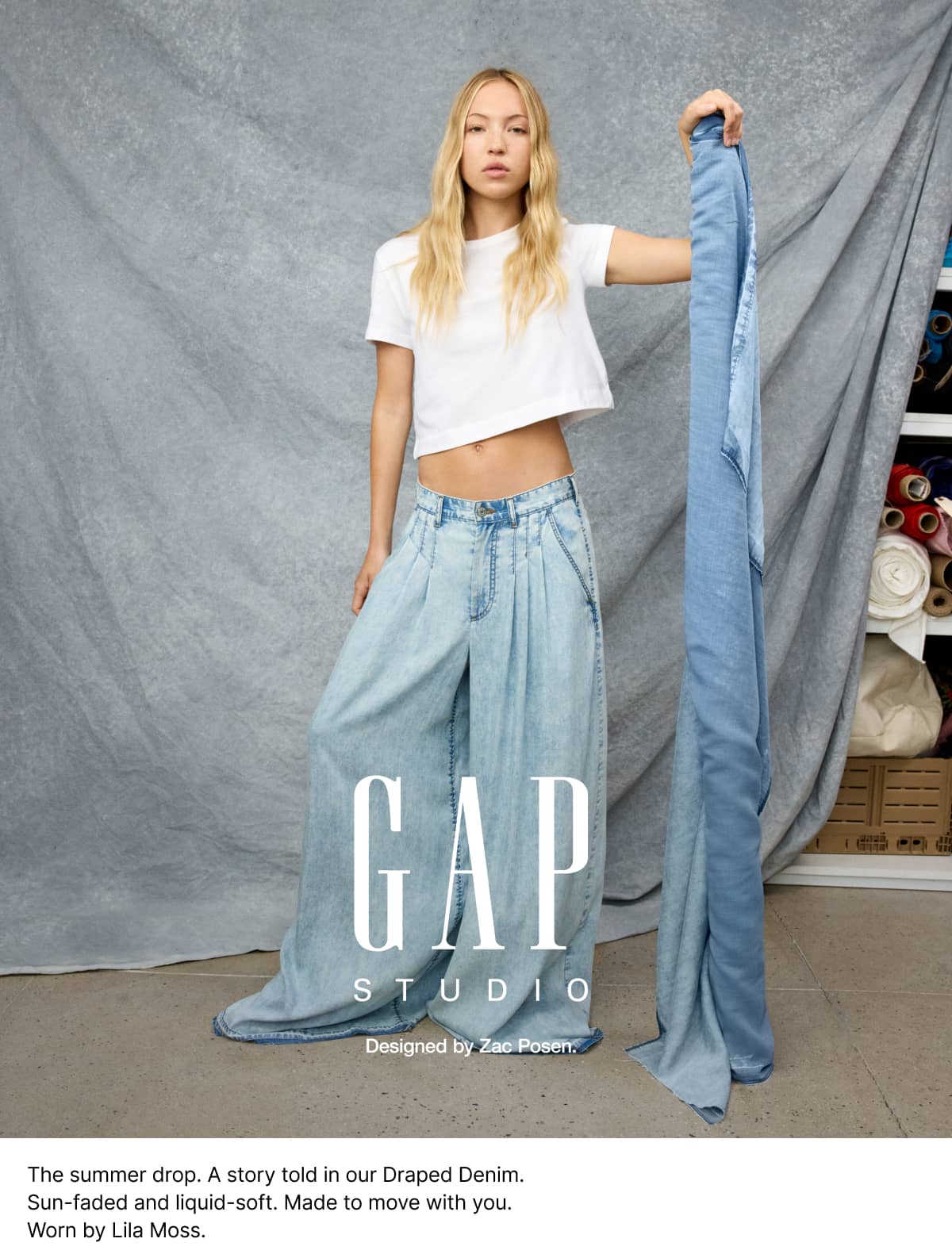 GapStudio: A summer drop. A story told by Deaped Denim. Worn by Lila Moss.