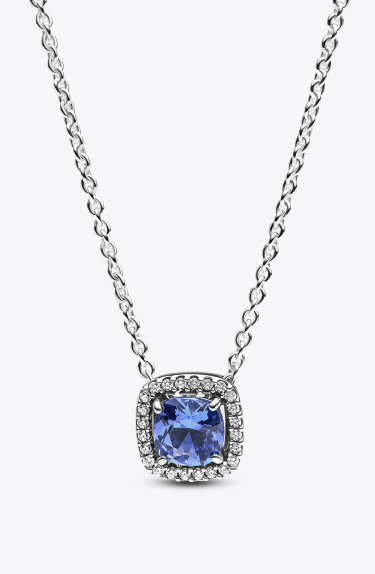 Sparkling Square Blue Halo Pendant Necklace