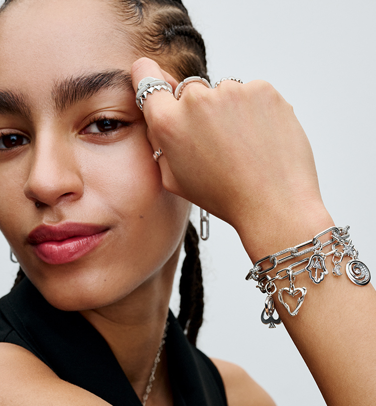 Model wearing Pandora jewelry