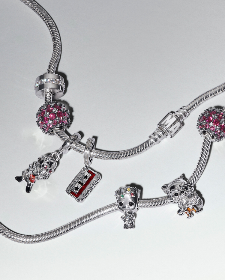 Marvel x Pandora charms styled on a sterling silver snake chain