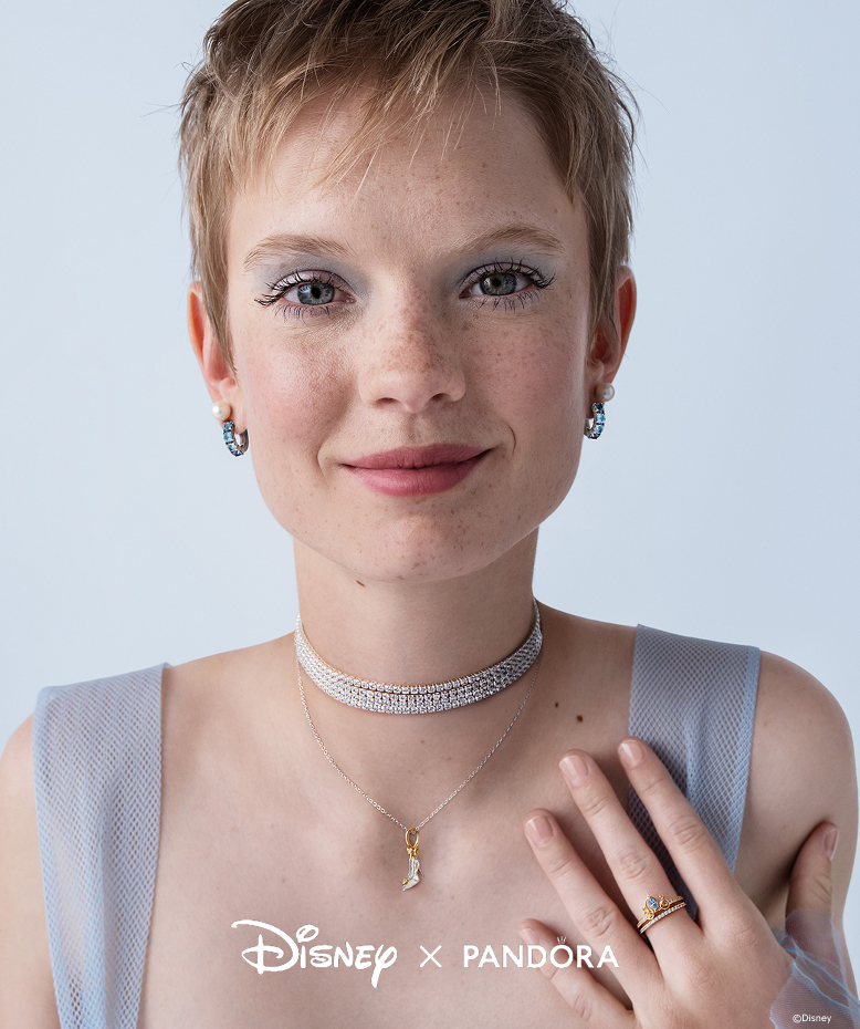 Model wearing Disney x Pandora jewellery inspired by Disney's Cinderella
