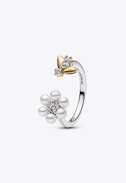Bridgerton Bee & Treated Freshwater Cultured Pearl Flower Open Ring