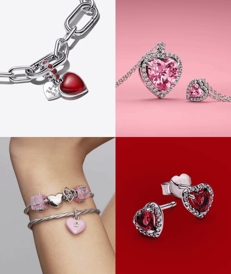 Grid of red and pink Pandora jewellery