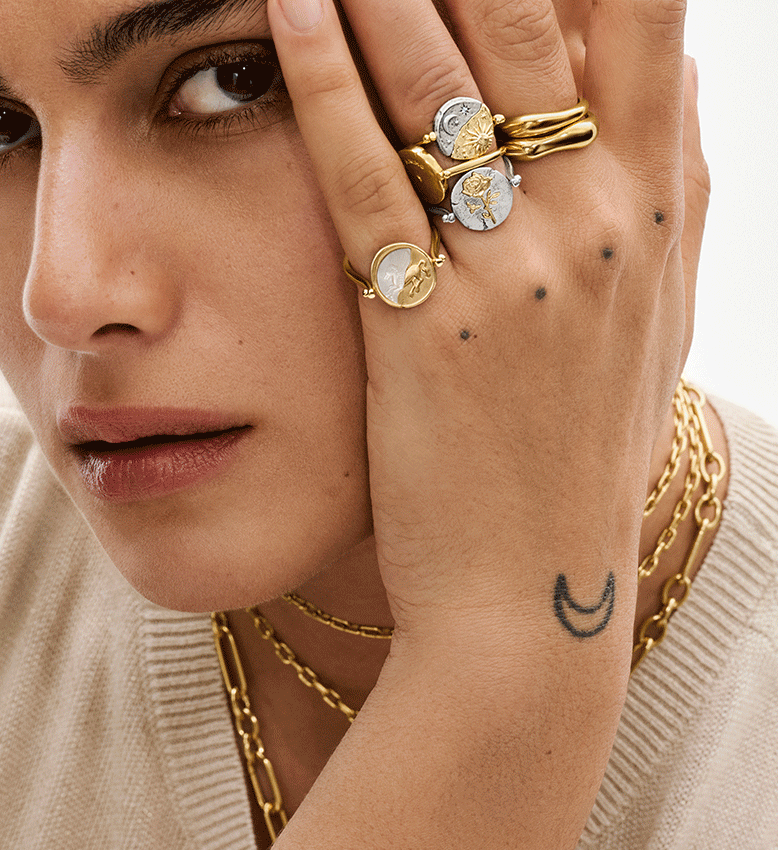 Close-up of model styling Pandora Talisman flip rings.