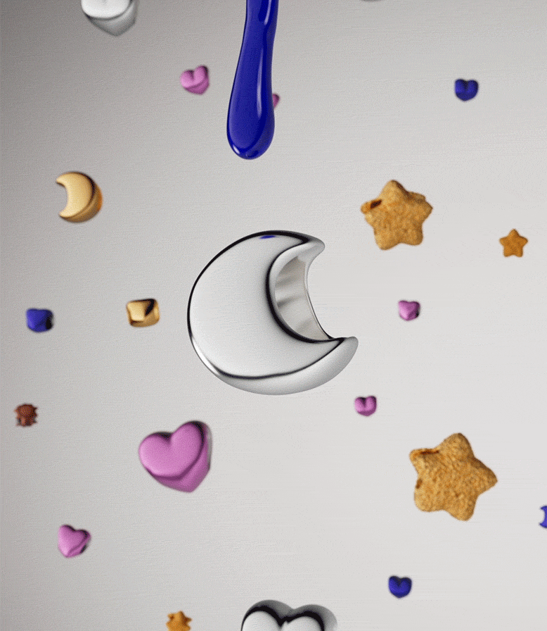 GIF showing blue colour dripping onto silver moon mini