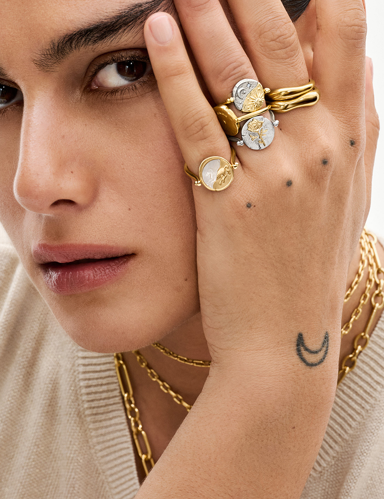 Close-up of model styling Pandora Talisman flip rings.