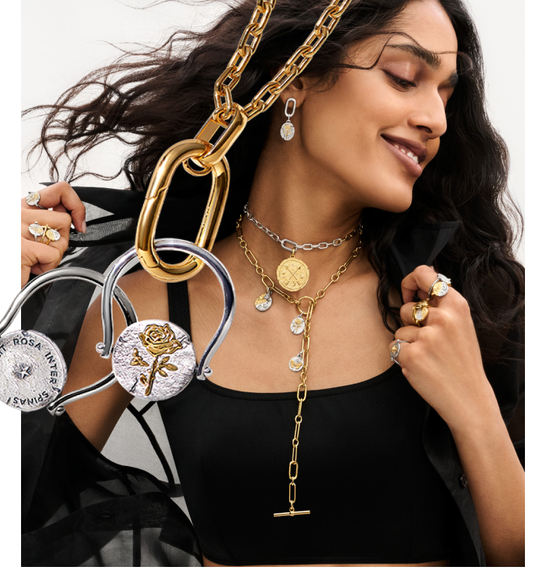 A model styles Pandora ME chain and Pandora Talisman medallions.