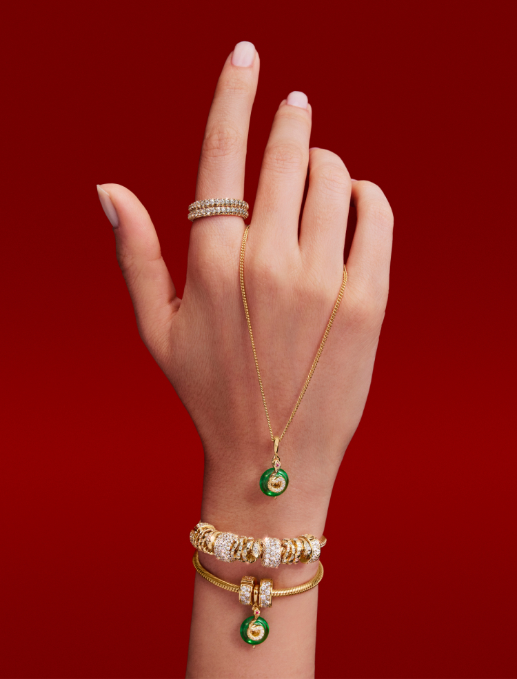 Hand wearing Pandora bracelets with snake charms