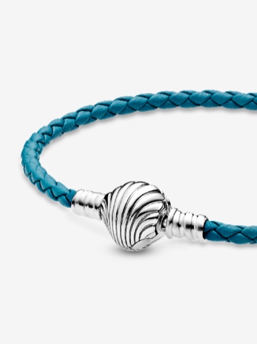 Pandora Moments Tyrkysový pletený kožený náramek se zapínáním na mušli