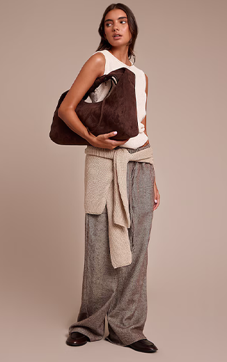 Chocolate Herringbone Brushed Drawstring Low Rise Trousers