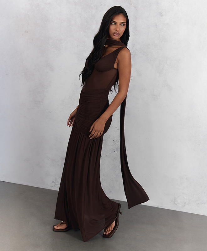 Chocolate Mesh Scarf Detail Maxi Dress