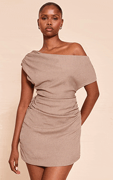 Grey Textured One Shoulder Mini Shift Dress