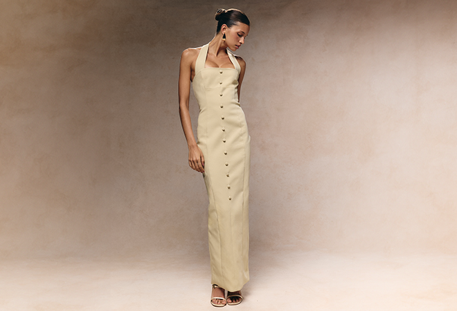 Almond Woven Halter Button Maxi Dress