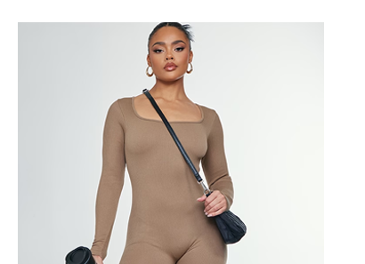 TOFFEE CONTOUR RIB SQUARE NECK LONG SLEEVE JUMPSUIT