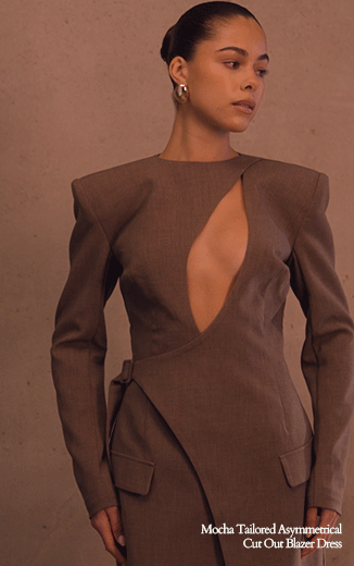 PLT Label Mocha Tailored Asymmetrical Cut Out Blazer Dress
