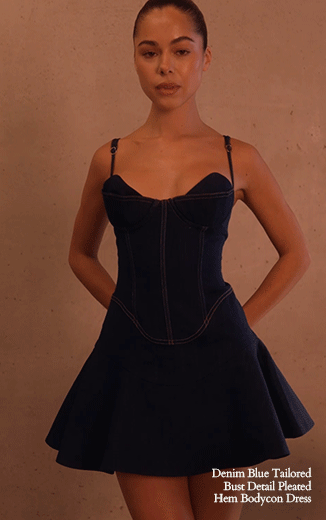 PLT Label Denim Blue Tailored Bust Detail Pleated Hem Bodycon Dress
