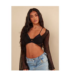 Black Fishnet Crochet Twist Front Long Sleeve Crop Top
