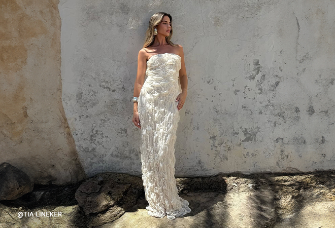Cream Textured Lined Bandeau Maxi Dress