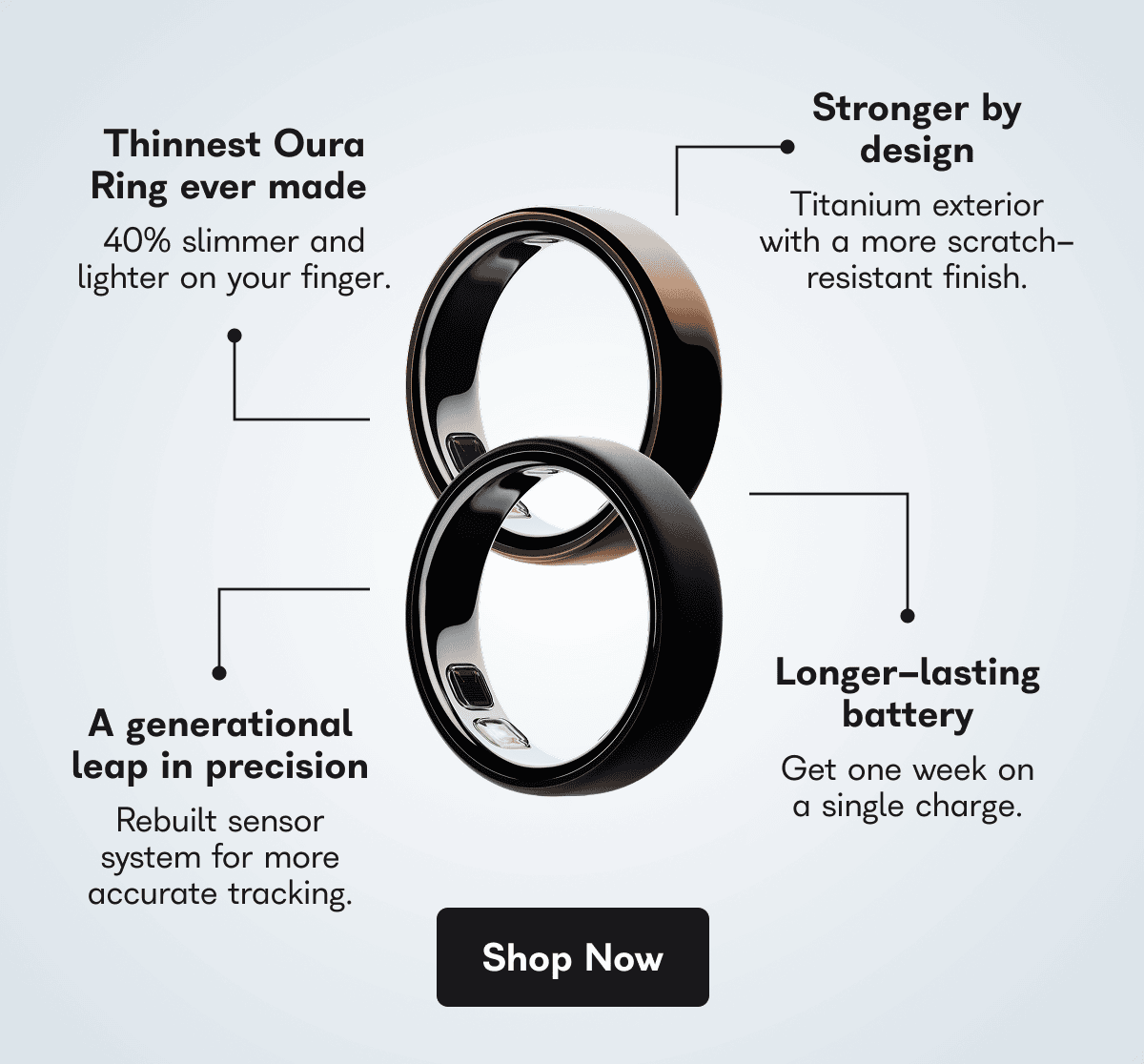 Stronger by Thinnest Oura design Ring ever made Titanium exterior 40% slimmer and with a more scratch- lighter on your finger. resistant finish.  Longer-lasting A generational battery leap in precision Get one week on Rebuilt sensor a single charge. system for more accurate tracking. Shop Now