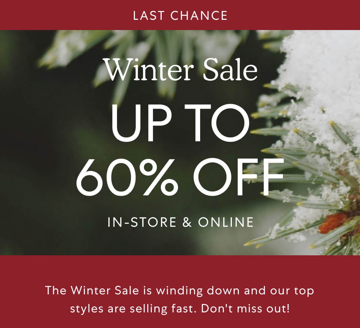 LAST CHANCE. Winter Sale. UP TO 60% OFF IN-STORE & ONLINE. The Winter Sale is winding down and our top styles are selling fast. Don't miss out!