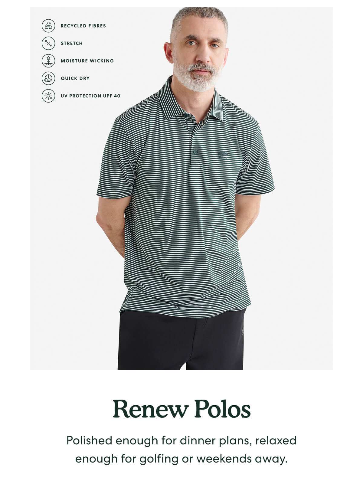 Renew Polos Polished enough for dinner plans, relaxed enough for golfing or weekends away.