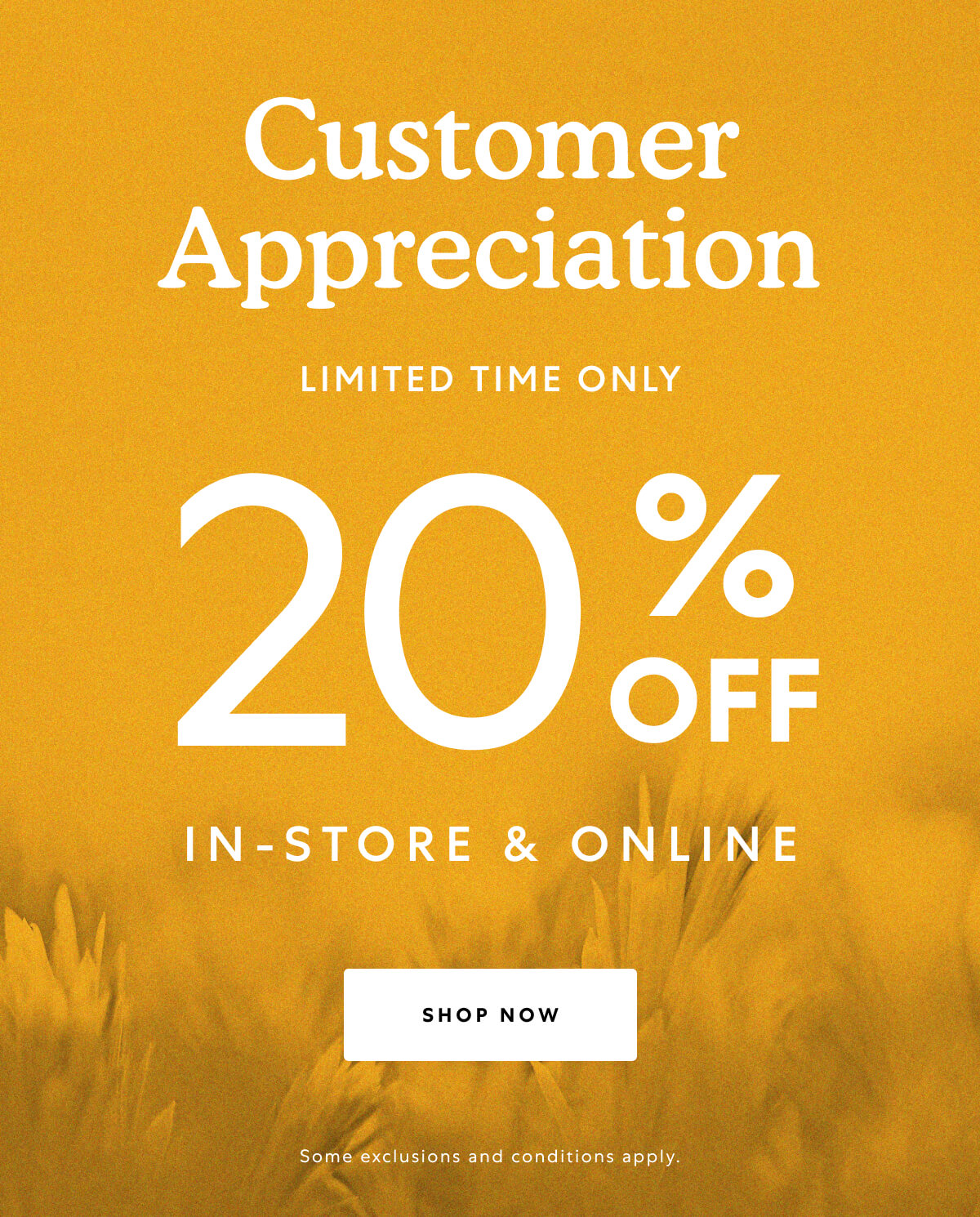 Customer Appreciation. LIMITED TIME ONLY. 20% OFF IN-STORE & ONLINE