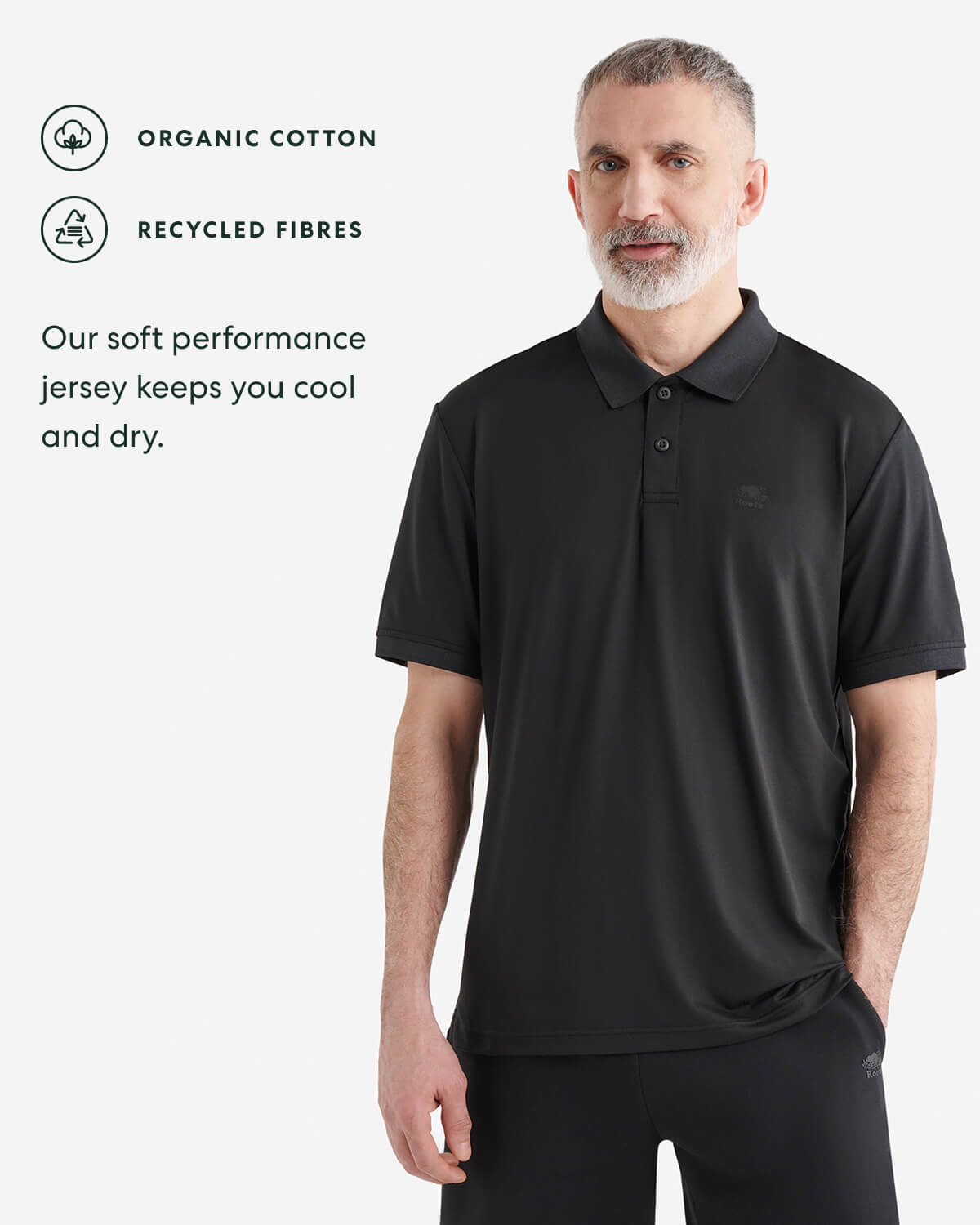 ORGANIC COTTON  RECYCLED FIBRES. Our soft performance jersey keeps you cool and dry. 