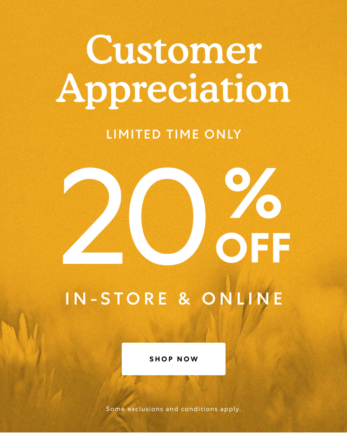 Customer Appreciation. LIMITED TIME ONLY. 20% OFF IN-STORE & ONLINE