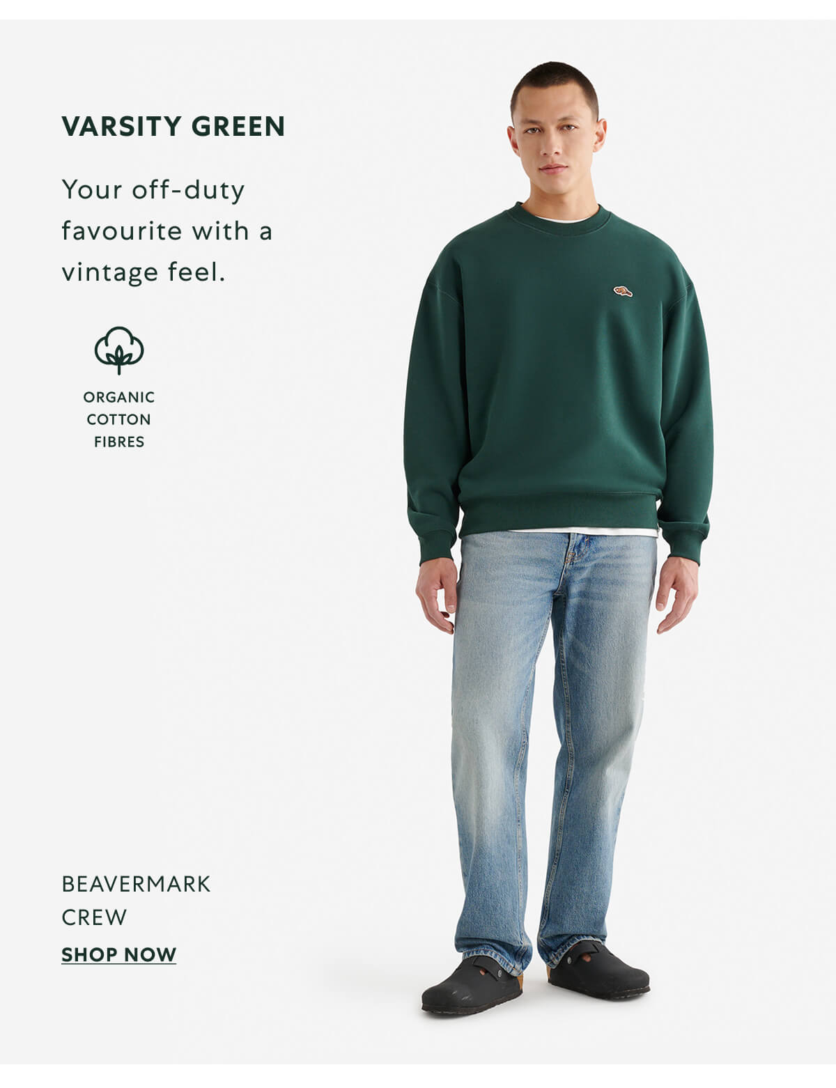 VARSITY GREEN  -  Your off-duty favourite with a vintage feel.  -  BEAVERMARK CREW