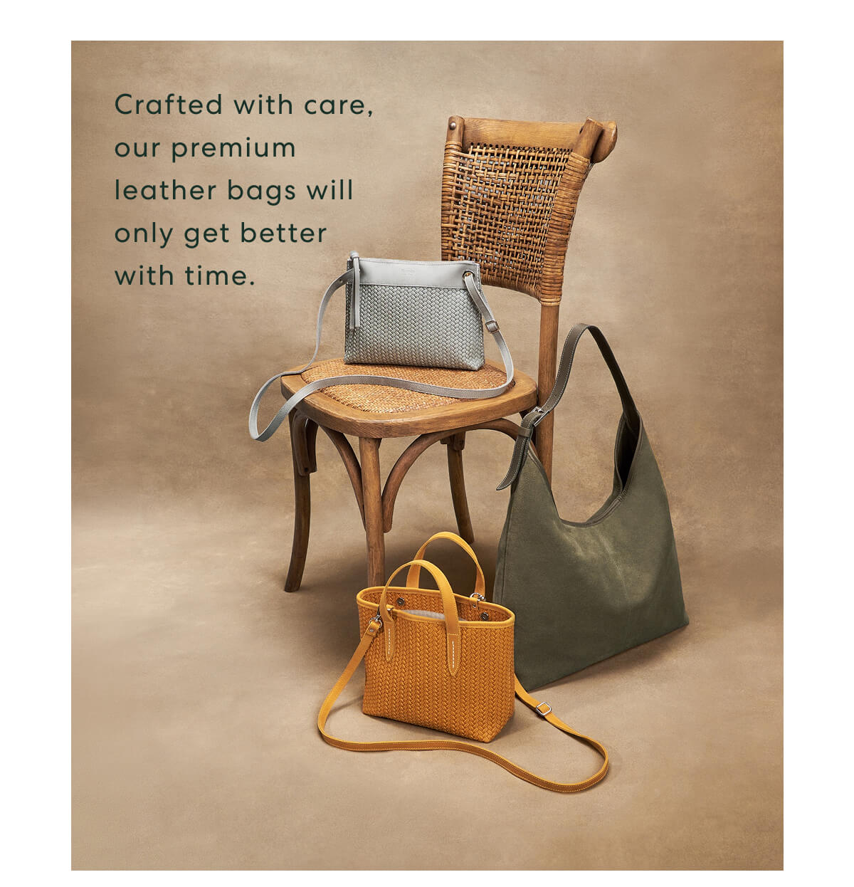 Crafted with care, our premium leather bags will only get better with time.