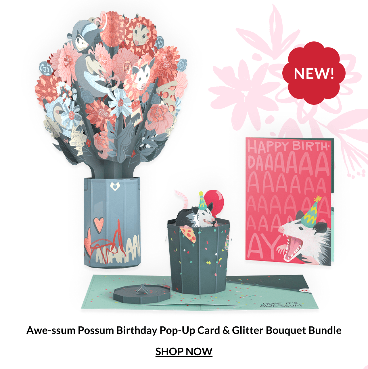 Awe-ssum Possum Birthday pop-up card and glitter bouquet bundle
