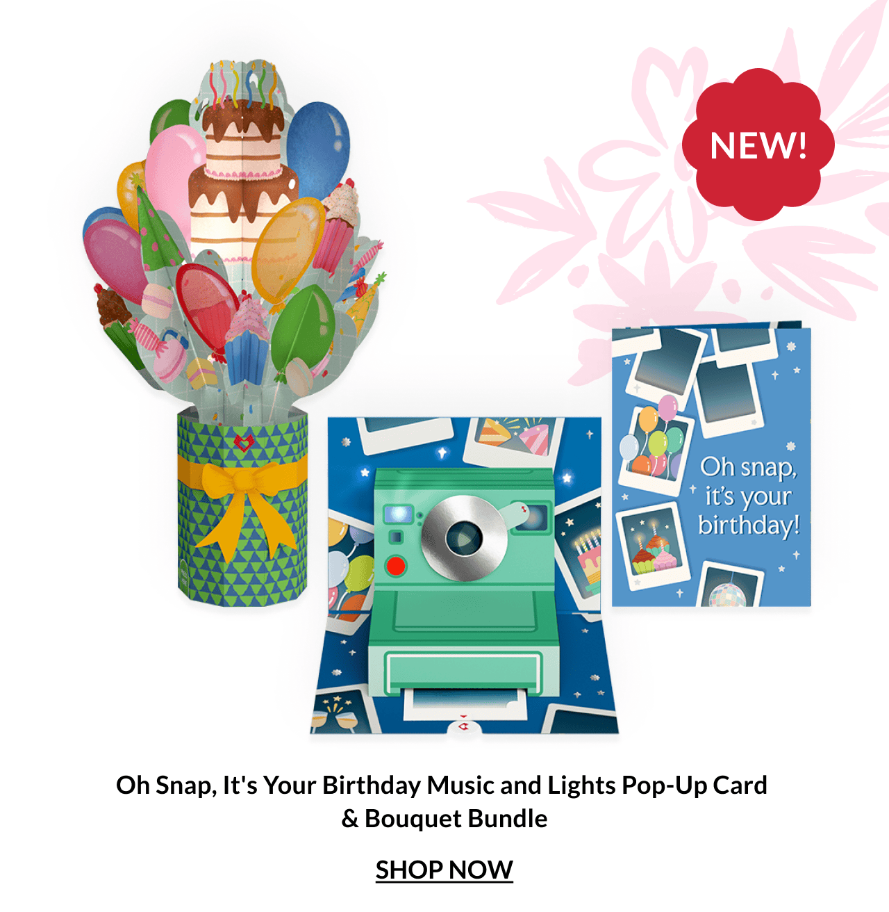 Oh Snap, It's Your Birthday music and lights pop-up card and bouquet bundle