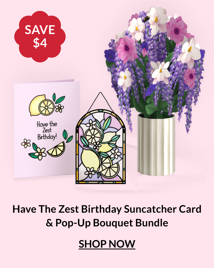 Have the Zest Birthday suncatcher card and pop-up bouquet bundle
